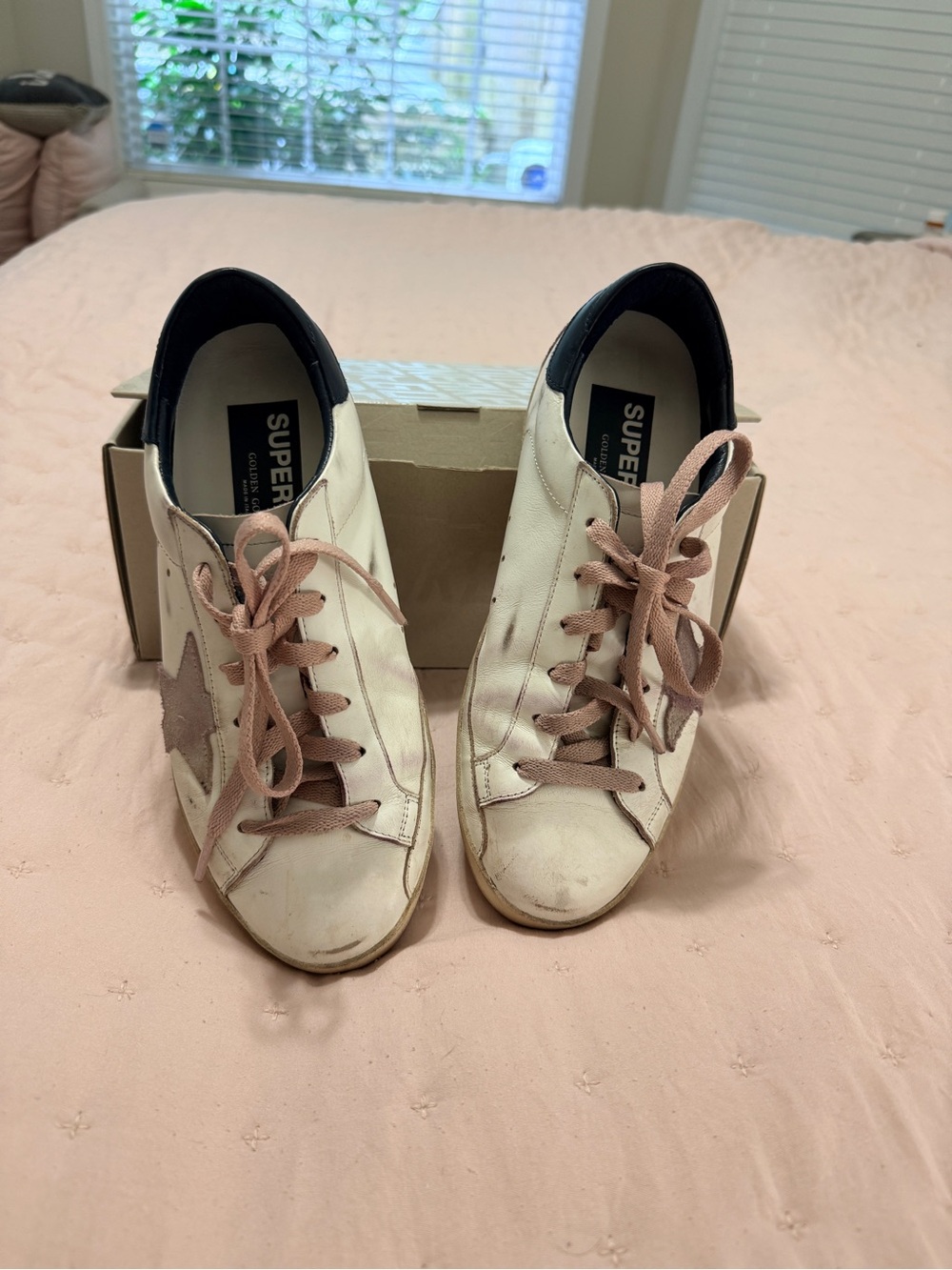 Golden Goose Women’s Cream Leather Sneakers with Pink Star and Laces